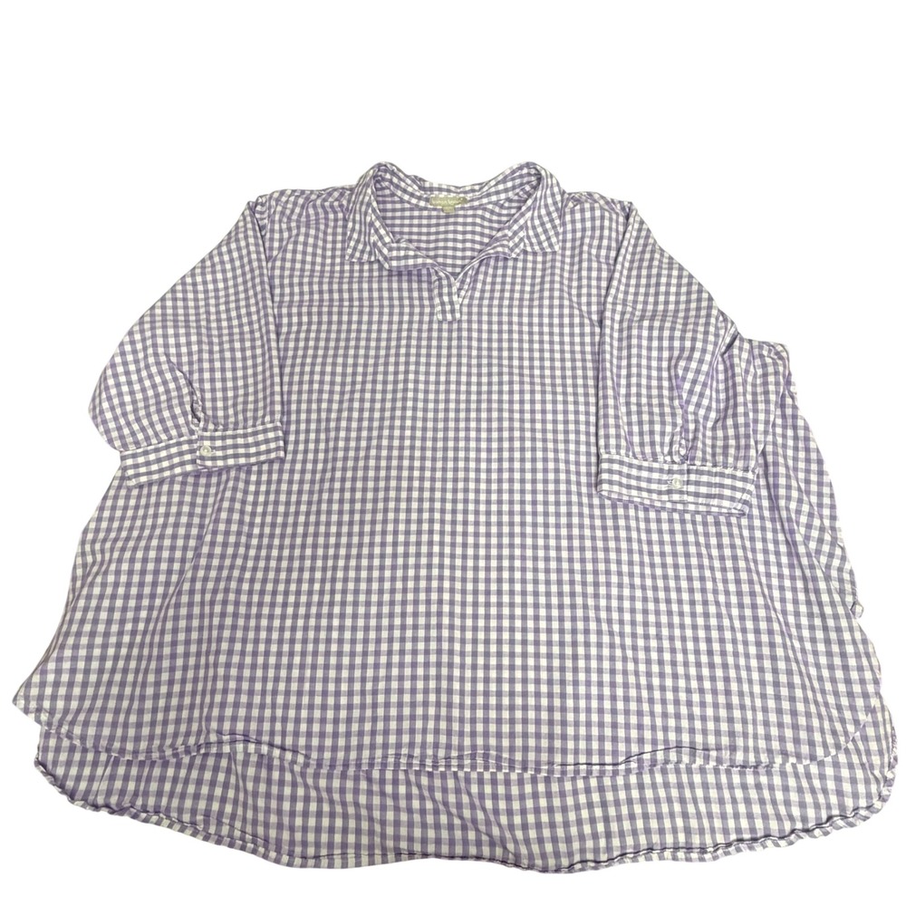 Woman Within Plus Size 5X Purple Gingham Cotton Tunic Blouse 3/4 Sleeve Top